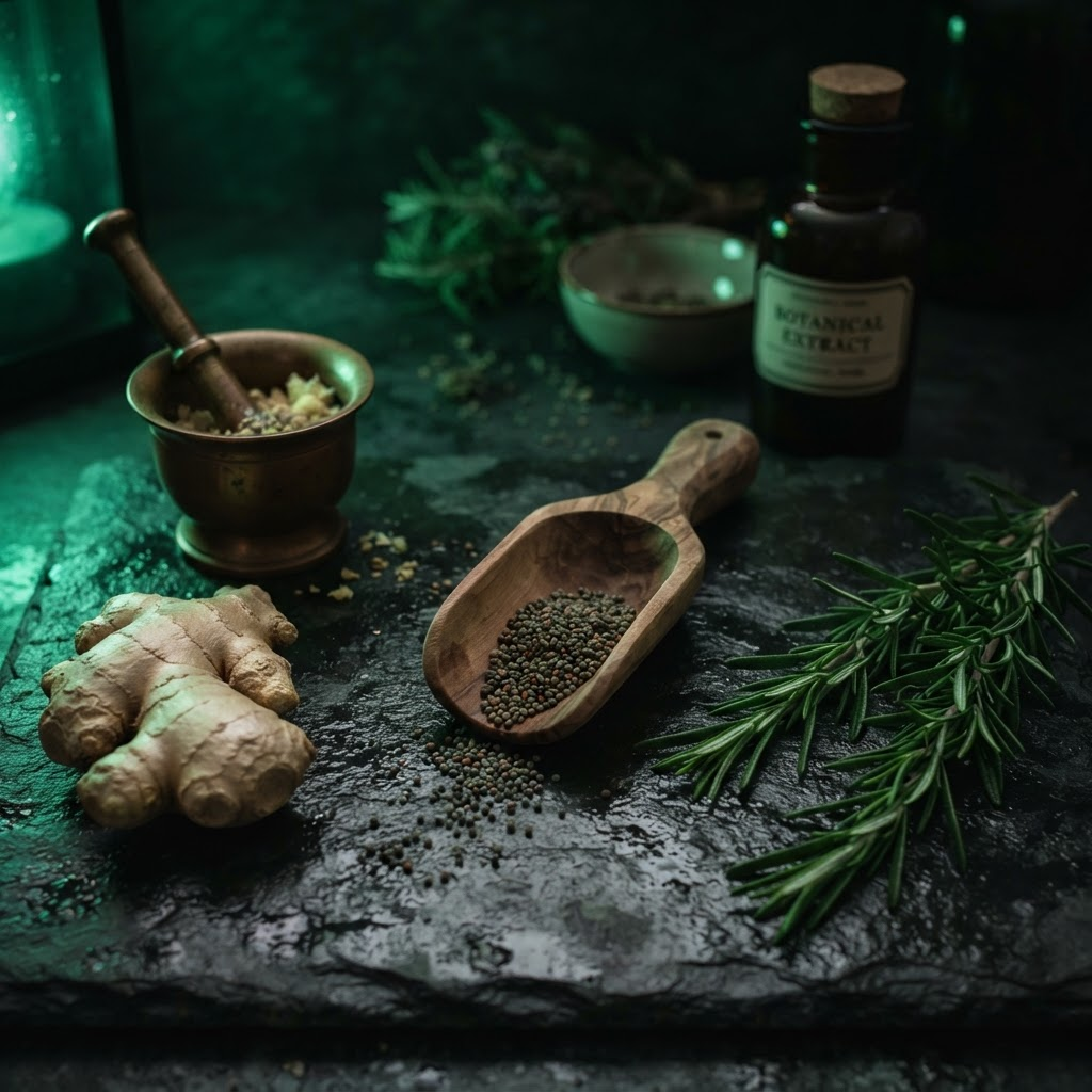 Dark still life of botanical ingredients under emerald light